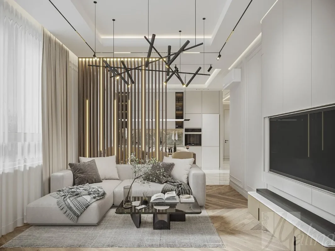 Дизайн-проект кухни гостиной современный интерьер в молочных оттенках