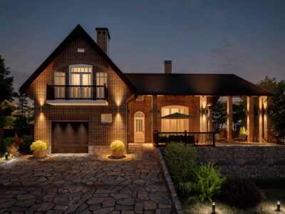 Фасад каменного 2-х этажного дома с террасой Студия Малина ПРО