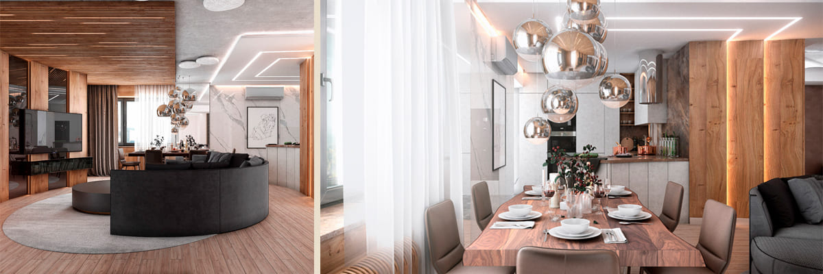 кухня гостиная современный интерьер квартиры Токарей 68 Екатеринбург