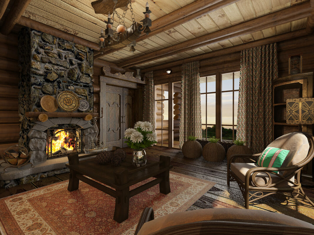 гостиная с камином из камня деревянный дом интерьер