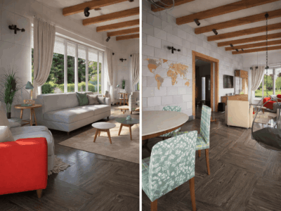 гостиная с балками потолка лофт стиль частный дом