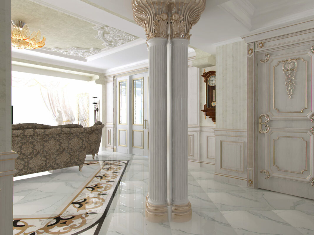 дизайн интерьера 4-комнатной квартиры 150 кв м Челябинск классика гостиная с колоннами