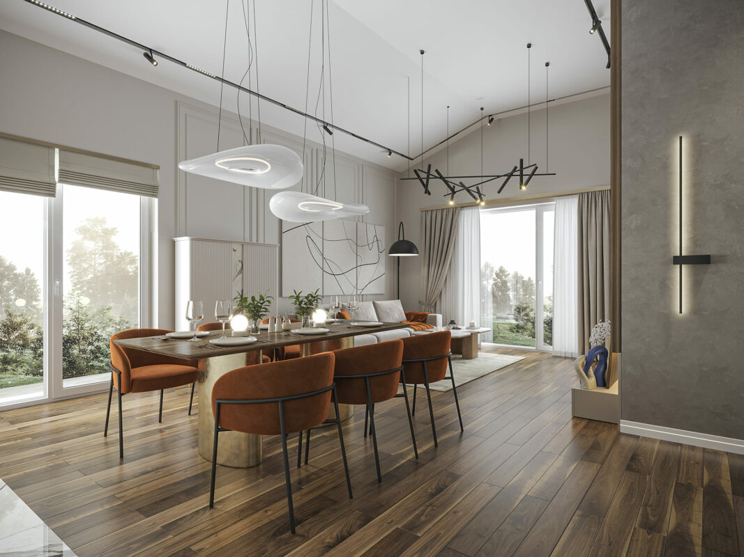 гостиная с высокими потолками панорамные окна интерьер дома