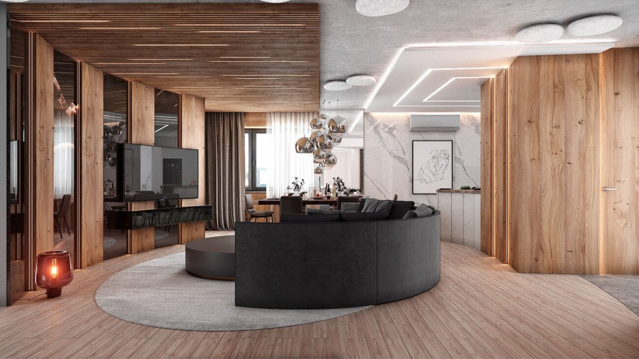 гостиная с полукруглым диваном в интерьере квартиры 152 м² Токарей 68 Екатеринбург