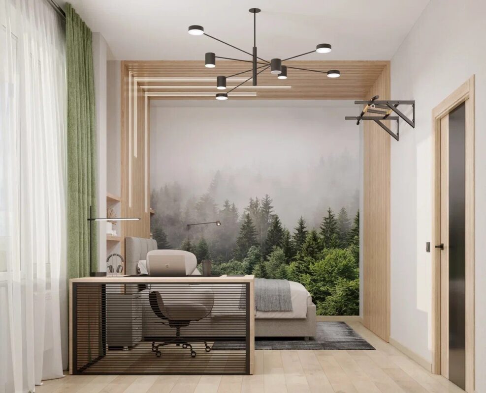 кровать в нише с фотообоями лес комната для юноши дизайн