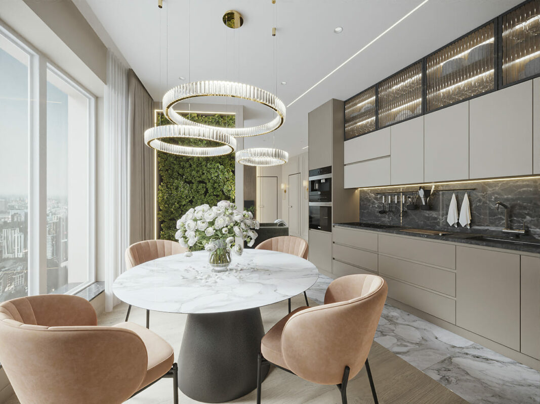 современная кухня гостиная с круглым столом в бежевой гамме