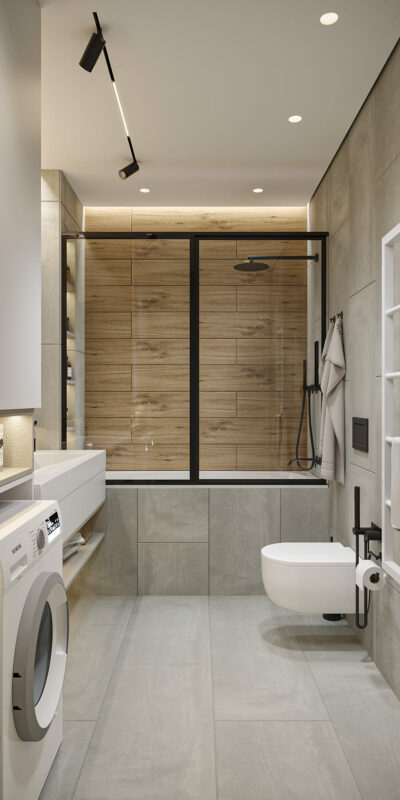 санузел с ванной минимализм лофт бетон дерево встроенная сантехника хранение