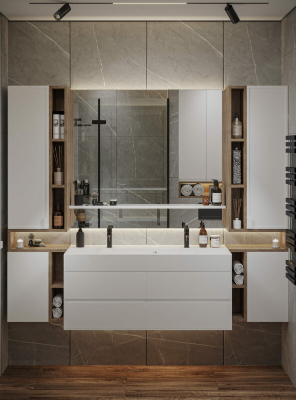 дизайн санузла с душевой симметрия шкафы ниши подсветка